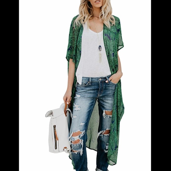 Restocked💥Emerald Green Printed Kimono Duster Coverup NEW - Picture 3 of 12
